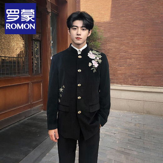 ROMON New Chinese Style Peony Butterfly Embroidered Suit Suit Men's Chinese tunic suit Chinese style Tang suit small suit jacket groom's wedding black suit + pants + white stand-up collar shirt XL