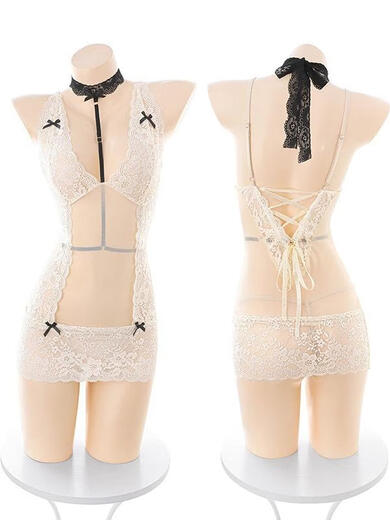 Want to try large size fat mm underwear, high-end lace temptation hip-covering nightgown, feminine pure desire mesh suspender nightgown, black + 5001 black