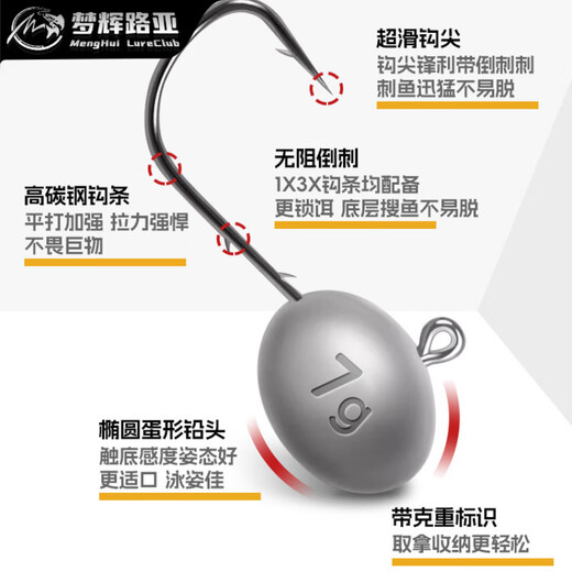 Menghuigen fishing hook die-cast 3X reinforced double back thorn anti-shedding lead head hook for fishing green slightly tilted sea bass, strengthened 5g/No. 2 hook (10 pieces/bag)