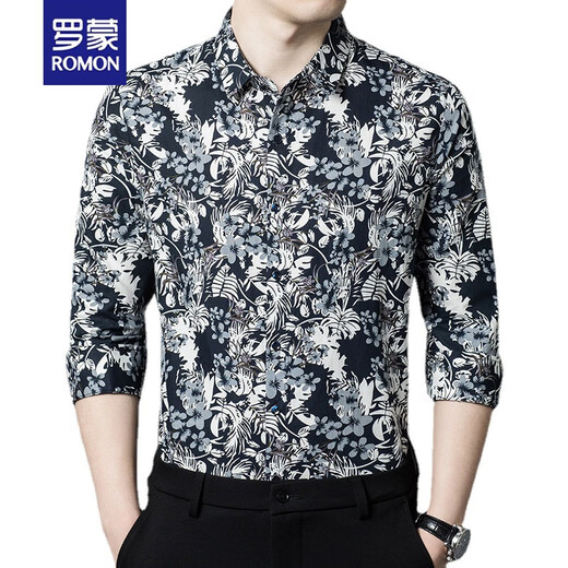 
ROMON brand floral shirt men autumn long sleeve trendy handsome men's floral shirt slim middle-aged spring and autumn thin men's cotton 9904 red XXL