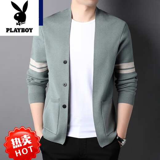 花花公子（PLAYBOY）针织开衫男士春秋季2025年新款潮流羊毛外穿毛衣男士休闲舒适外套 浅卡 3XL