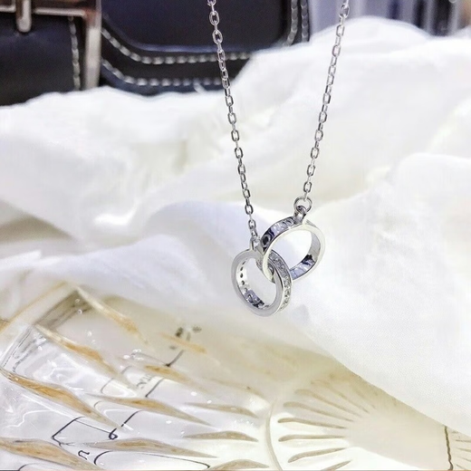 Prico version 18K gold double ring necklace with diamonds for women, rose gold platinum niche, light luxury, high-end, non-fading double ring necklace without diamonds (rose gold), eyes closed