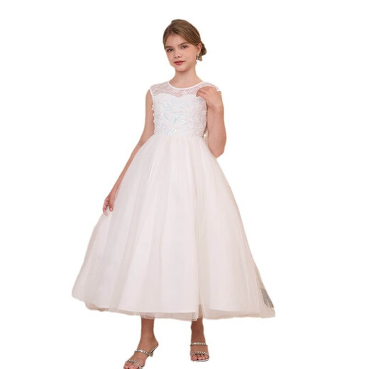 COLORFUL GEMS girls princess dress tutu evening dress European and American style host tail piano performance suit white white one size 8Y