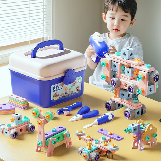 Jiaye Toolbox Juguetes para niños de 3 a 6 años Tornillo de tornillo Conjunto de cuchillo de reparación Desmontaje y ensamble la niña Taladro eléctrico DIY Set 103pcs [rosa] Bolsa