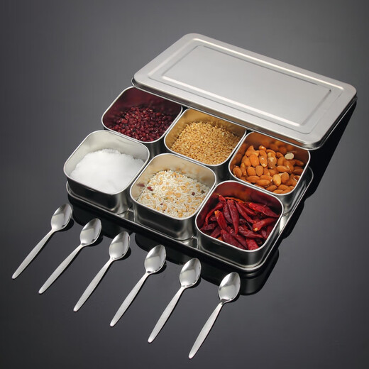 FANCYCHIC stainless steel Japanese flavor box set condiment jar condiment sample box 6 compartments 8 compartments with thickened six compartments 6 flavor spoons with lid