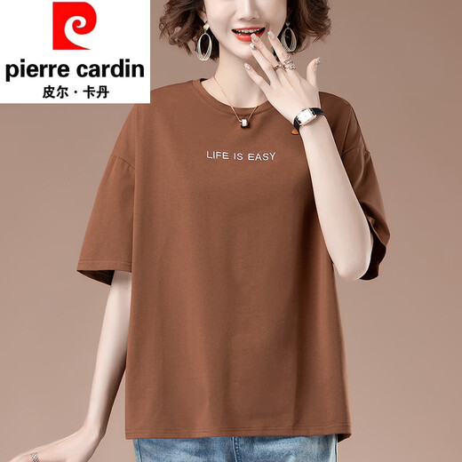 皮尔卡丹加肥加大号夏季新款宽松刺绣短袖t恤女中年妈妈休闲纯棉上衣体恤 9896黑色 L 100-115斤