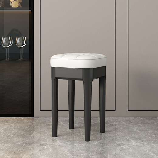 Light luxury and comfortable dining chair, household stackable solid wood soft-covered dressing table stool, spare dining table chair, black solid wood with off-white soft-covered square stool