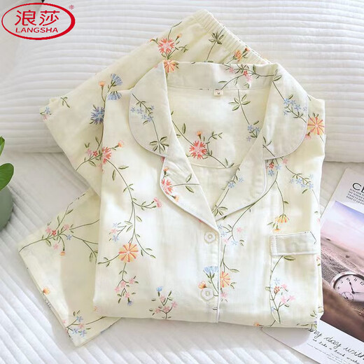 LangSha skin-friendly cotton pajamas for women spring and summer lapel cardigan long-sleeved loose large size can go out thin breathable home wear set 854 M 80-100Jin Jin is equal to 0.5 kg