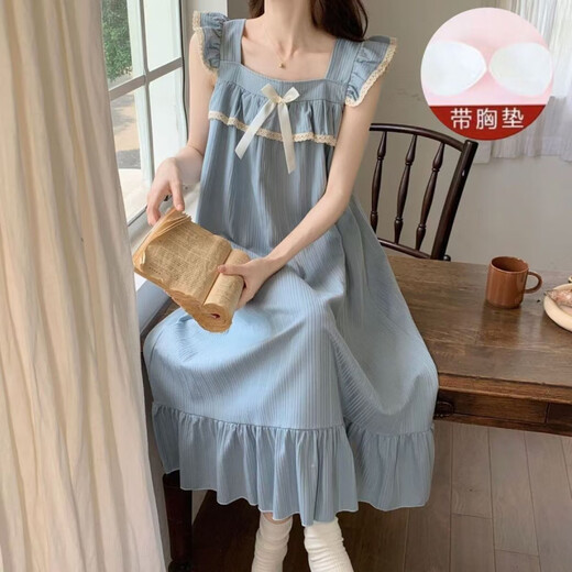 Pajamas for women Korean style nightgown short sleeves with breast pads Korean pajamas ins style gentle and sweet lace home clothes 719-2 Blue (with breast pads) XL