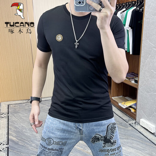 啄木鸟（TUCANO）t恤男士2025夏季新款短袖T恤男修身个性刺绣烫钻欧货丝光棉体恤男 724闪电R黑色 6XL