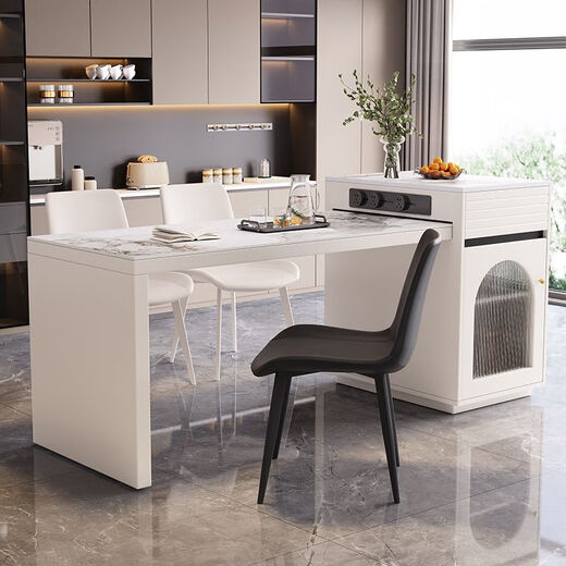 Yijun solid wood island dining table and chairs integrated 2025 new home modern high-end retractable rectangular dining table double-door island table-tea stove type + 4 plush chairs 1.4 meters slide rail socket