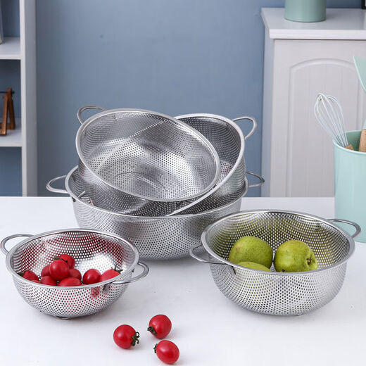 Bodenju stainless steel sink drain basket household fruit basin vegetable basket kitchen vegetable basket water food grade double ear dense hole basin 28.5CM leaky basin + 31CM solid basin