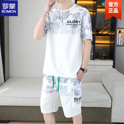 Romon 2025 Sommer neuer kurzärmeliger Anzug für Männer Teenager Vielseitige Shorts Casual Sports zweiteiler Set-Gradientenfarbe Herrenkleidung 6187 Blau XL 120-140jin [Jin ist 0,5 kg]