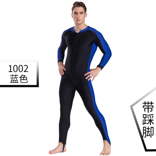 SBART wetsuit men's one-piece long-sleeved full-body waterproof mother-in-law warm sun protection quick-drying swimsuit plus fat surfing and snorkeling suit 1002 side blue strip 2XL recommended weight 65-70KG