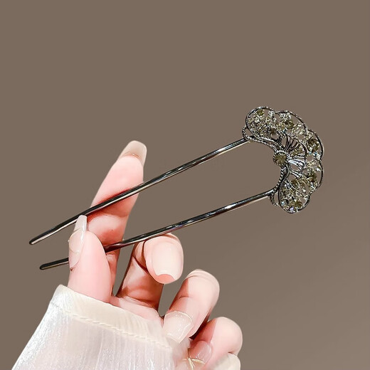 Lingchuan gun black hollow rhinestone flower U-shaped hairpin, high-end new Chinese retro headwear hairpin, ancient style hairpin, rhinestone fan-shaped-U-shaped hairpin