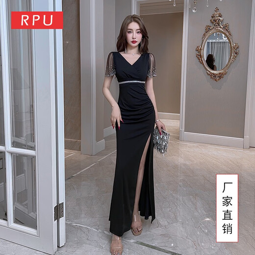 Kuzhang KTV Vestido de noche Mujer 2025 Nuevo Sexy Escotado Falda larga y delgada Técnico de baño de pies Ropa de trabajo Vestido dividido 3883 Negro Talla única 2xl