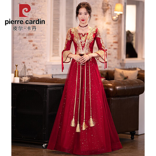 皮尔卡丹敬酒服新娘2025新款夏季酒红色感中式长袖结婚订婚礼服女 酒红色中长款 【684】 L