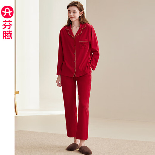 Fenteng Spring and Autumn Couple Red Pajamas Women's Long Sleeve Wedding Zodiac Year Newlywed Suit Big Red Single Women's L