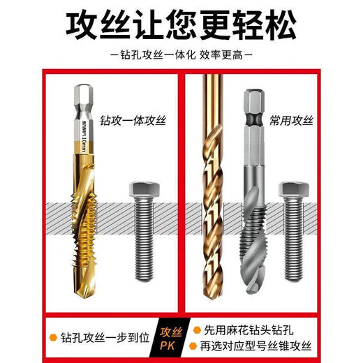 Delixi Electric titanium-plated composite wire tapping taper drill and punching hole integrated hexagonal threaded drill bit tapping self-tapping screw high-speed steel 3+4+5+6+8+10 6 pieces in total
