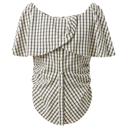 Sancai 2025 new summer style ruffled one-line collar plaid shirt slit waist top elegant M black rice plaid M 160/84A