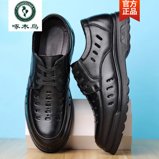 Specht Marke Sandals Herren 2025 Sommer echtes Leder atmungsaktives lässige Lederschuhe für Herren Hollow Hole Schuhe Weiche Sohle Vaters Schuhe 6627 Black Hollow 38