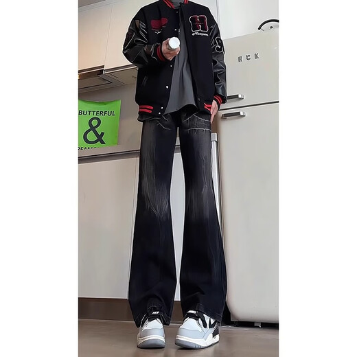 Yiran presents jeans for men with slightly flared autumn and winter style, lightning pattern, handsome design, American high street scimitar straight pants for men, black L recommended 105-125 Jin Jin equals 0.5 kg