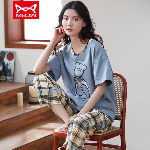 MiiOW pure cotton pajamas for women spring and summer short-sleeved trousers casual loose Korean style home clothes autumn can be worn outside T-9712 ​​(short-sleeved trousers) M (85-105Jin Jin equals 0.5 kg)