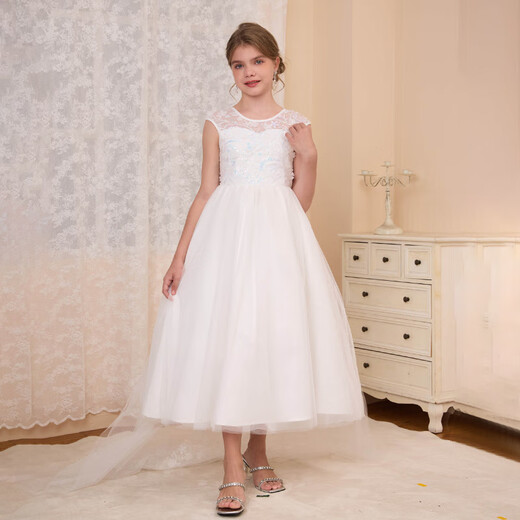 COLORFUL GEMS girls princess dress tutu evening dress European and American style host tail piano performance suit white white one size 8Y