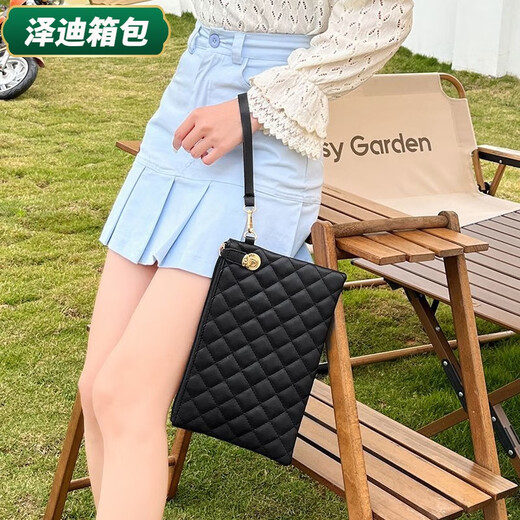 芸洛通勤钱包女士菱格手提包拎包大容量零钱包包新款拉链手机包女 黑色