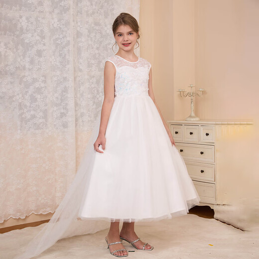 COLORFUL GEMS girls princess dress tutu evening dress European and American style host tail piano performance suit white white one size 8Y