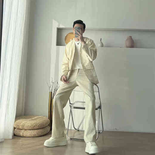 DK high-end men's collarless cotton and linen suit men's spring and summer thin retro old money style relaxed suit two-piece white M recommended 95-120 Jin Jin equals 0.5 kg
