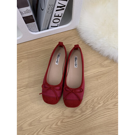 S.Sofea Red French Bow Flat Sole chaussures simples pour les chaussures de ballet à semelle douce d'été pour femmes J683-11 Suede plate Sole est plus petite en taille rouge 35