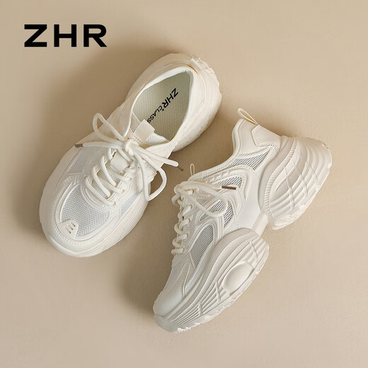 ZHR老爹鞋女夏季厚底增高休闲鞋女网面透气轻便女鞋 G755E 米色  36 