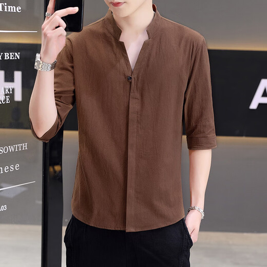 Henry collar cotton and linen long-sleeved shirts for men spring and autumn men's early autumn casual shirts short-sleeved inch shirts 2025 new style CS8K02 mid-sleeve black M 90-110Jin Jin is equal to 0.5 kg