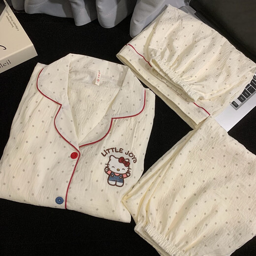 Jingpufei cartoon puppy pajamas for women in summer thin cotton silk home clothes three-piece set Yunduo Cotton-9906# Star puppy three-piece set XL women [suggested 115-140Jin [Jin equals 0.5 kg]]