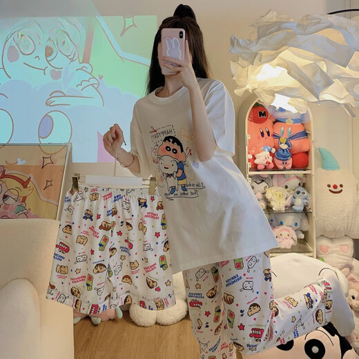 Victoria's style Victoria's Secret series Crayon Shin-chan pajamas for women summer short-sleeved new three-piece set Korean ins cartoon student home (three-piece set) A9901# L (recommended 101-115 Jin Jin equals 0.5 kg)