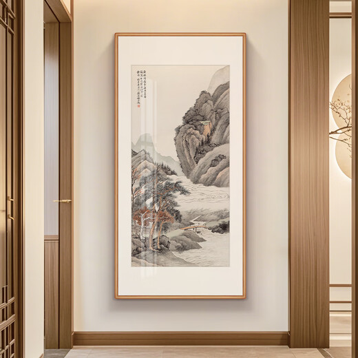 Xuanmutang entrance decorative painting New Chinese style ink landscape painting hanging painting study living room tea room corridor aisle entrance landscape painting Zhang Daqian <Landscape Tune> Finished product width 70cm * height 140cm Indonesian Sapele (mortise and tenon rounded corners)