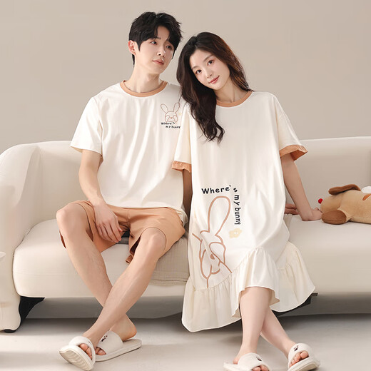 LangSha couple pajamas for women summer pure cotton short-sleeved cute cartoon sweet nightgown 100% cotton men's home wear set 88832 XL women + 3XL men