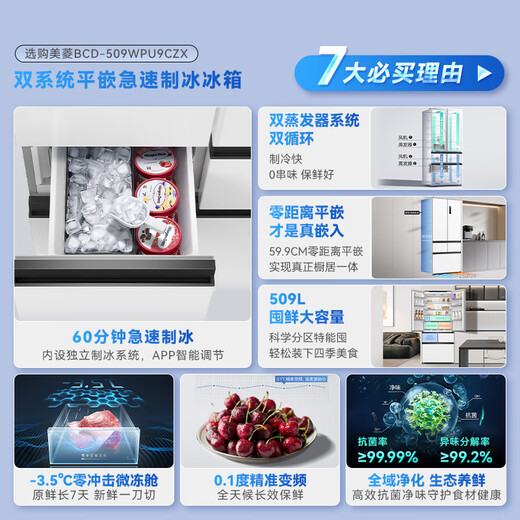 MeiLing's annual machine king, White Whale 509-liter French-style multi-door refrigerator, automatic ice making, household dual system, ultra-thin embedded bottom cooling BCD-509WPU9CZX national subsidy