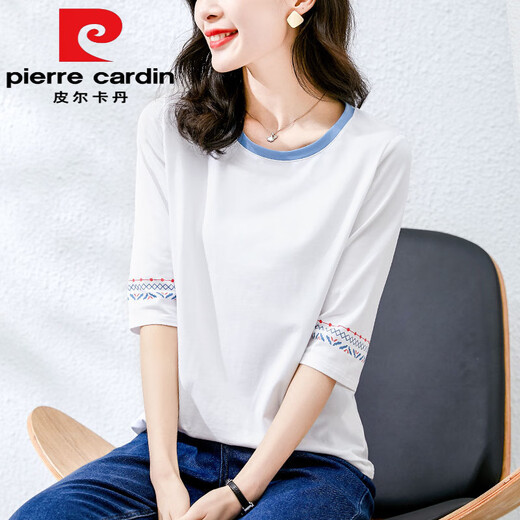 Pierre Cardin summer 2025 new pure cotton mid-sleeve T-shirt women's loose short-sleeved three-quarter sleeve spring and autumn half-sleeved top trendy 1XS337 white + W6172 ice blue this year's popular M