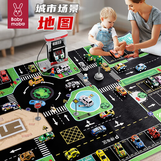 BABYMABO Children's Alloy Car Toy City Track Map Parking Lot Crawling Mat Basic Set Alloy Car 12 Pack_+City