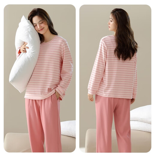 Urban Beauty Round Neck Pajamas Women's 2025 Spring New 100 Pure Cotton Striped Home Clothes Two-piece Set 17801 Women's Style/Main Picture Color One Size M