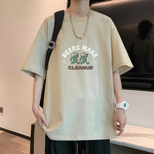 青少年短袖T恤男2025新款夏季纯棉宽松高中生大童初中生男生上衣 【2件装】672卡其+671绿色 M 100-115斤
