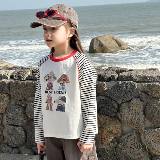 Tutu Little Elephant Children's Long Sleeve T-shirt Girls Raglan Sleeve Cotton Top Bottoming Black and White Stripes 160 Height About 160cm