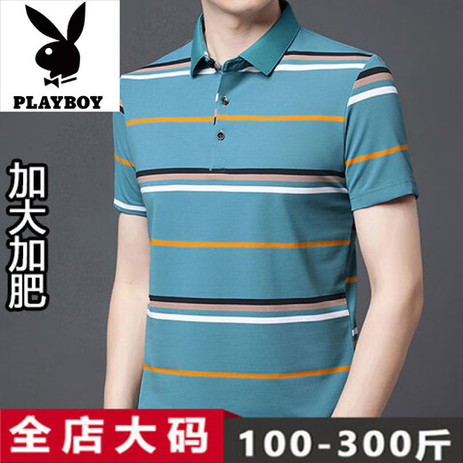花花公子高端品牌纯棉短袖T恤男装夏季加肥加大肥佬条纹百搭商务POIO衫 1695蓝色 M 165码建议100-120斤