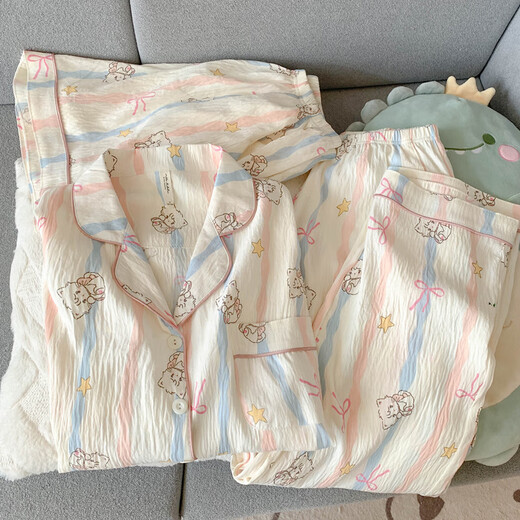 Jingpu Flying Dot Puppy Suit Women's Summer Thin Cotton Short-Sleeved Home Clothes Yunduo Cotton-J9901#Paradise Puppy Three-piece Set M Recommended 75-100Jin Jin equals 0.5kg