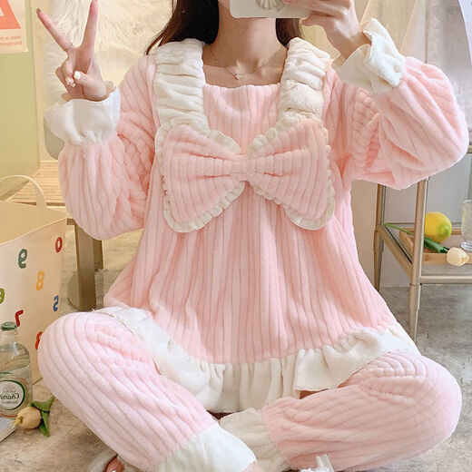 FHHUABD Pajamas Women's Autumn and Winter Flannel Korean Style Sweet Cartoon Princess Style Home Clothes Coral Velvet Thickened Warm Suit 9934 Velvet Pink Bow L