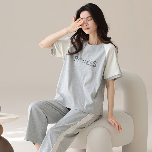 Set de pijama de algodón puro de manga corta para mujeres Pantalones de verano ropa para el hogar estilo coreano El estilo delgado se puede usar en la caricatura de verano exterior Y9712 m (recomendado 75-95Jin [Jin es igual a 0,5 kg])