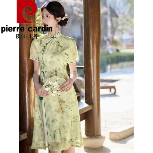 皮尔卡丹（pierre cardin）新中式旗袍连衣裙2025夏季新款双层复古显瘦改良年轻绿色送考旗袍 HM7027 -绿色【品质】 S 【75-88斤】