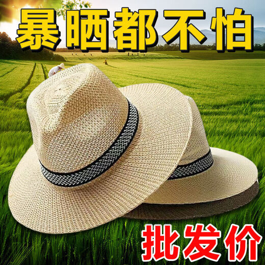 NKADDS男防晒竹编大沿帽春夏天款男士草帽西部牛仔帽礼帽帽子遮阳帽海边 米色防晒遮阳草帽